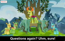 Size: 1920x1223 | Tagged: safe, edit, edited screencap, imported from derpibooru, screencap, arista, clypeus, cornicle, thorax, changedling, changeling, comic:celestia's servant interview, to change a changeling, caption, changeling kingdom, cs captions, female, grass, interview, king thorax, male, mountain, text, throne