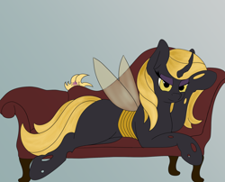 Size: 2100x1700 | Tagged: safe, artist:inanimatelotus, imported from derpibooru, oc, oc:wisp, changeling, bedroom eyes, changeling oc, changeling princess, changeling princess oc, colored, couch, draw me like one of your french girls, flat colors, lounging, simple background, yellow changeling