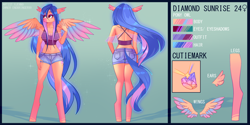 Size: 3922x1967 | Tagged: safe, artist:xjenn9, imported from derpibooru, oc, oc only, oc:diamond sunrise, anthro, bird, hybrid, owl, unguligrade anthro, beak, clothes, commission, commissioner:endbringer99, cutie mark, denim shorts, female, reference sheet, shorts, solo, ych result