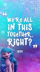 Size: 640x1138 | Tagged: safe, imported from derpibooru, izzy moonbow, pony, unicorn, abstract background, female, g5, instagram, instagram story, mare, my little pony: a new generation, official, quote, solo, text