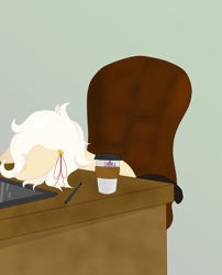 Size: 1700x2100 | Tagged: safe, artist:inanimatelotus, imported from derpibooru, oc, oc only, oc:clay, pony, chair, coffee, coffee cup, colored lineart, computer chair, cup, desk, drawing tablet, exhausted, facedesk, gift art, green background, office chair, pastel, ribbon, simple background, solo