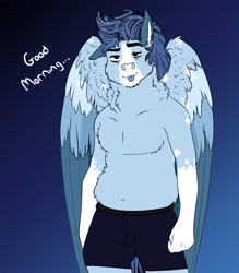 Size: 3016x3442 | Tagged: safe, artist:inisealga, imported from derpibooru, oc, oc only, oc:soaring spirit, anthro, pegasus, boxer briefs, chest fluff, chubby, clothes, coat markings, facial markings, fluffy, folded wings, gradient background, high res, male, markings, neck fluff, partial nudity, pegasus oc, sleepy, socks (coat markings), solo, solo male, stallion, topless, wings