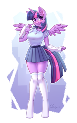 Size: 2208x3508 | Tagged: safe, artist:dandy, imported from derpibooru, twilight sparkle, alicorn, anthro, unguligrade anthro, :3, belt, blushing, breasts, busty twilight sparkle, choker, clothes, cute, ear fluff, female, finger on cheek, high res, horn, jewelry, necklace, skirt, socks, solo, stockings, thigh highs, twiabetes, twilight sparkle (alicorn), wings, zettai ryouiki