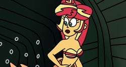 Size: 1298x690 | Tagged: safe, artist:jadeharmony, artist:jadethepegasus, imported from derpibooru, sunset shimmer, mermaid, fanfic:sunset shimmer discovers her feet, equestria girls, bra, clothes, female, mermaid tail, mermaidized, seashell bra, shocked, solo, species swap, underwear