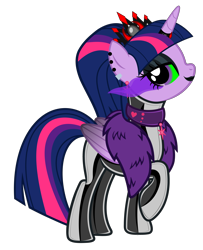 Size: 5483x6766 | Tagged: safe, alternate version, artist:severity-gray, derpibooru exclusive, imported from derpibooru, twilight sparkle, alicorn, pony, alternate hairstyle, bedroom eyes, choker, clothes, collar, corrupted, corrupted twilight sparkle, crown, dark magic, dress, ear piercing, eyeshadow, feather boa, female, glowing eyes, horn, jewelry, latex, latex suit, lipstick, looking at you, magic, makeup, mare, piercing, regalia, simple background, solo, sombra eyes, transparent background, twilight sparkle (alicorn), wings