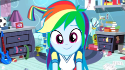 Size: 1071x602 | Tagged: safe, artist:flutteryaylove, edit, edited screencap, imported from derpibooru, screencap, rainbow dash, equestria girls, beautiful, bedroom, book, cute, dashabetes, dresser, female, football, guitar, looking at you, musical instrument, rainbow dash's bedroom (equestria girls), solo, sports