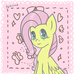 Size: 1000x1000 | Tagged: safe, artist:wrath-marionphauna, imported from derpibooru, imported from twibooru, fluttershy, pegasus, pony, abstract background, blushing, bust, female, heart eyes, looking at you, mare, portrait, smiling, solo, three quarter view, wingding eyes, wings