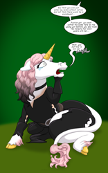 Size: 1250x2000 | Tagged: safe, artist:runningtoaster, imported from derpibooru, oc, oc only, classical unicorn, pony, unicorn, choker, clothes, cloven hooves, dialogue, female, gradient background, horn, human to pony, leonine tail, looking up, mid-transformation, neigh, offscreen character, open mouth, ripping clothes, shrunken pupils, sitting, solo, speech bubble, speech change, teary eyes, unicorn oc, unshorn fetlocks