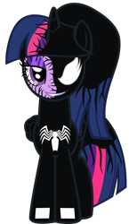 Size: 3098x5338 | Tagged: safe, artist:severity-gray, imported from derpibooru, twilight sparkle, alicorn, pony, alternate hairstyle, eyeshadow, female, looking at you, makeup, mare, ponytail, sharp teeth, simple background, smiling, smiling at you, solo, symbiote, teeth, transparent background, twilight sparkle (alicorn), venom