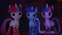 Size: 1920x1080 | Tagged: safe, artist:midnightdanny, imported from derpibooru, minuette, moondancer, twilight sparkle, alicorn, pony, unicorn, 3d, clothes, socks, source filmmaker, stockings, striped socks, thigh highs, twilight sparkle (alicorn)