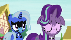 Size: 800x450 | Tagged: safe, artist:14oliverhedgehog, edit, edited screencap, imported from derpibooru, screencap, starlight glimmer, trixie, pony, unicorn, all bottled up, eyes closed, female, floppy ears, lesbian, marvel, mind control, parasite, sad, shipping, startrix, symbiote, venom