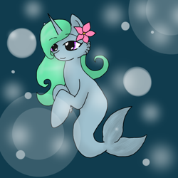 Size: 600x600 | Tagged: safe, artist:darkdreamingblossom, imported from derpibooru, oc, oc only, merpony, seapony (g4), unicorn, auction, bubble, female, fish tail, flower, flower in hair, flowing mane, flowing tail, green mane, horn, ocean, seaponified, simple background, smiling, solo, species swap, tail, underwater, water