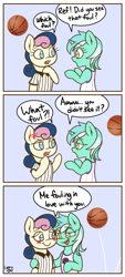 Size: 1231x2730 | Tagged: safe, artist:lyrabop, imported from derpibooru, bon bon, lyra heartstrings, sweetie drops, earth pony, pony, unicorn, angry, bad joke, basketball, blushing, clothes, comic, dialogue, duo, eyebrows, eyebrows visible through hair, female, frown, jersey, lesbian, looking at each other, lyrabon, mare, open mouth, open smile, pun, referee, referee bon bon, shipping, smiling, smiling at each other, speech bubble, sports, toronto raptors