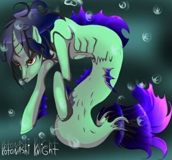 Size: 1741x1620 | Tagged: safe, artist:kotonashiknight, imported from derpibooru, oc, oc only, merpony, pony, seapony (g4), unicorn, bubble, dorsal fin, fins, fish tail, flowing tail, horn, ocean, orange eyes, signature, simple background, solo, tail, underwater, water