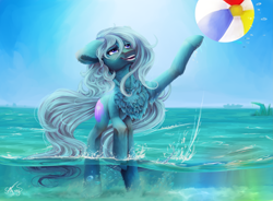 Size: 2851x2104 | Tagged: safe, artist:istarryi, imported from derpibooru, oc, oc only, earth pony, pony, art trade, beach, beach ball, blue eyes, blue mane, bubble, chest fluff, digital art, flowing tail, high res, looking up, ocean, open mouth, seaweed, signature, sky, smiling, solo, sun, sunlight, teeth, water