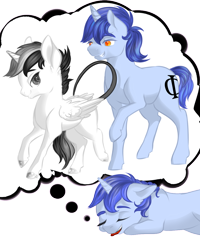 Size: 1000x1250 | Tagged: safe, artist:schokocream, imported from derpibooru, oc, oc:aeon of dreams, oc:thunder blight, alicorn, pony, unicorn, alicorn oc, dream, eyes closed, horn, raised hoof, sleeping, unicorn oc, wings