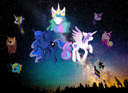 Size: 1024x745 | Tagged: safe, artist:schokocream, imported from derpibooru, princess cadance, princess celestia, princess flurry heart, princess luna, twilight sparkle, oc, alicorn, pony, bust, eyes closed, female, mare, night, older, older flurry heart, raised hoof, stars, twilight sparkle (alicorn)