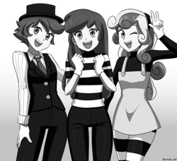 Size: 985x900 | Tagged: safe, artist:riouku, imported from derpibooru, apple bloom, scootaloo, sweetie belle, equestria girls, black and white, clothes, commission, cutie mark crusaders, dress, face paint, female, gloves, grayscale, hat, jeans, makeup, mime, monochrome, necktie, one eye closed, open mouth, open smile, pants, shirt, smiling, socks, stockings, striped socks, suit, t-shirt, thigh highs, top hat, trio, vest, wink