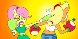 Size: 1920x976 | Tagged: safe, artist:strangefacts101, imported from derpibooru, applejack, fluttershy, haymaker, anthro, earth pony, pegasus, alternate hairstyle, boxing, boxing gloves, boxing ring, boxing shorts, clothes, comic, denim shorts, eyes closed, haymaker (boxing), mouth guard, punch, shorts, sparring, sports, tanktop, trunks