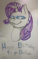 Size: 630x960 | Tagged: safe, artist:millefaller, imported from derpibooru, rarity, pony, unicorn, eyes closed, female, happy birthday, horn, makeup, mare, smiling, solo, traditional art