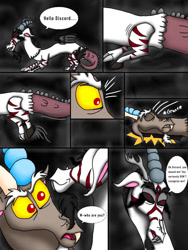 Size: 768x1024 | Tagged: safe, artist:diamond06mlp, imported from derpibooru, discord, oc, draconequus, comic:entropy, black sclera, comic, dialogue, draconequus oc, male, red eyes, sombra eyes