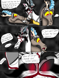 Size: 768x1024 | Tagged: safe, artist:diamond06mlp, imported from derpibooru, discord, oc, draconequus, comic:entropy, black sclera, comic, dialogue, draconequus oc, glowing eyes, male, red eyes, sombra eyes