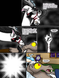 Size: 768x1015 | Tagged: safe, artist:diamond06mlp, imported from derpibooru, discord, oc, draconequus, comic:entropy, black sclera, comic, dialogue, draconequus oc, dream, duo, duo male, male, red eyes, sombra eyes