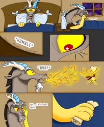 Size: 1536x1880 | Tagged: safe, artist:diamond06mlp, imported from derpibooru, discord, draconequus, comic:entropy, bed, comic, crying, dialogue, eyes closed, fire, fire breath, indoors, male, onomatopoeia, scroll, solo, stomach noise