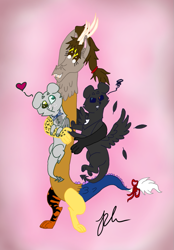 Size: 637x914 | Tagged: safe, artist:diamond06mlp, imported from derpibooru, oc, oc only, draconequus, abstract background, heart, hug, signature