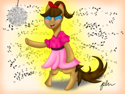 Size: 2048x1536 | Tagged: safe, artist:diamond06mlp, imported from derpibooru, oc, oc only, earth pony, pony, 1950s, 50s, bipedal, bow, clothes, dancing, disco ball, dress, earth pony oc, eyelashes, female, hair bow, makeup, mare, music notes, signature, solo