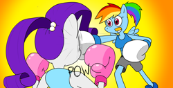 Size: 1920x976 | Tagged: safe, artist:strangefacts101, imported from derpibooru, rainbow dash, rarity, anthro, pegasus, unicorn, alternate hairstyle, boxing, boxing gloves, boxing ring, boxing shorts, clothes, fight, mouth guard, punch, shoes, shorts, sparring, sports, tanktop, trunks, wings