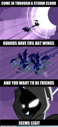 Size: 500x1088 | Tagged: safe, imported from derpibooru, echo (bat pony), princess luna, bat pony, luna eclipsed, season 2, cloak, clothes, dramatic lighting, evil grin, glowing eyes, grin, hood, hub logo, lightning, meme, my little brony, silhouette, smiling