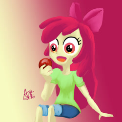 Size: 1024x1024 | Tagged: safe, artist:kelseyleah, imported from ponybooru, apple bloom, equestria girls, apple, food, solo