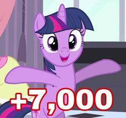 Size: 770x720 | Tagged: safe, edit, edited screencap, imported from derpibooru, screencap, twilight sparkle, pony, unicorn, sweet and elite, 7000, bipedal, cropped, female, mare, open mouth, outstretched arms, solo, unicorn twilight