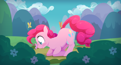 Size: 2616x1408 | Tagged: safe, artist:hattsy, imported from ponybooru, pinkie pie, butterfly, earth pony, insect, pony, butterfly on nose, cute, diapinkes, dock, female, insect on nose, looking at something, mare, mountain, mountain range, open mouth, outdoors, solo