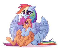 Size: 1024x868 | Tagged: safe, artist:spectrasus, imported from derpibooru, rainbow dash, scootaloo, pegasus, pony, female, hug, one eye closed, redraw, scootalove, simple background, smiling, transparent background, underhoof