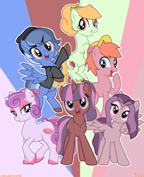 Size: 1673x2053 | Tagged: safe, artist:colorcodetheartist, artist:michi-bases, imported from derpibooru, oc, oc only, oc:batter, oc:coy crispin, oc:kunzite, oc:liquid courage, oc:mystic magpie, oc:silver lining, earth pony, pegasus, pony, unicorn, abstract background, base used, crossover ship offspring, earth pony oc, female, frown, grin, horn, looking at you, mare, offspring, open mouth, open smile, osomatsu-san, parent:applejack, parent:choromatsu matsuno, parent:fluttershy, parent:ichimatsu matsuno, parent:jyushimatsu matsuno, parent:karamatsu matsuno, parent:osomatsu matsuno, parent:pinkie pie, parent:rainbow dash, parent:rarity, parent:todomatsu matsuno, parent:twilight sparkle, parents:chorojack, parents:ichishy, parents:jyushipie, parents:karadash, parents:osotwi, parents:raritodo, pegasus oc, smiling, smiling at you, unicorn oc, wings