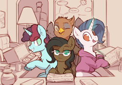 Size: 5098x3569 | Tagged: safe, artist:yoditax, imported from derpibooru, oc, oc only, oc:errorstream, oc:gunther steele, oc:silk wright, oc:yodi, earth pony, griffon, mouse, pony, unicorn, binary typewriter, book, coffee, coffee mug, cute, desk, drawing, female, filing cabinet, glasses, griffon oc, group, heart song games, lamp, looking at you, male, mug, painting, paper, pencil, programming, refrigerator, sitting, tongue out, whiteboard, working, writing