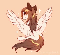 Size: 1125x1017 | Tagged: safe, artist:swaybat, imported from derpibooru, oc, oc only, oc:kiri, pegasus, pony, colored ears, ear fluff, eye clipping through hair, lidded eyes, looking at you, looking back, looking back at you, orange background, simple background, solo, sparkles, spread wings, wings