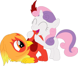 Size: 3562x3001 | Tagged: safe, artist:porygon2z, imported from derpibooru, sweetie belle, oc, oc:heatwave, griffon, pony, unicorn, butthug, duo, eyes closed, female, filly, high res, hug, male, open mouth, simple background, transparent background, vector