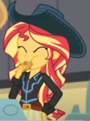 Size: 283x379 | Tagged: safe, imported from derpibooru, screencap, sunset shimmer, dance magic, equestria girls, spoiler:eqg specials, aweeg*, clothes, cowboy hat, cowgirl, cropped, cute, eating, hat, shimmerbetes, skirt, stetson