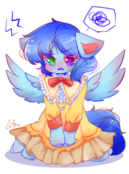 Size: 744x1000 | Tagged: safe, imported from derpibooru, oc, oc only, oc:cloud west, pegasus, pony, blushing, clothes, colored pupils, crossdressing, crying, dress, heterochromia, lolita fashion, male, pegasus oc, solo, wings