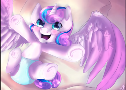 Size: 1518x1080 | Tagged: safe, imported from derpibooru, princess flurry heart, alicorn, pony, baby, baby alicorn, baby blanket, baby flurry heart, baby pony, blanket, cooing, cooing baby, crib, crib blanket, cute, cute baby, daaaaaaaaaaaw, diaper, diapered, diapered baby, diapered filly, female, filly, happy, happy baby, infant, infant flurry heart, large wings, looking at you, looking up, lying down, newborn, newborn baby, newborn baby flurry heart, newborn filly, newborn flurry heart, newborn infant, newborn infant flurry heart, open mouth, pillow, reaching, reaching for you, reaching up, spread hooves, spread wings, white diaper, wings