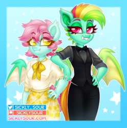 Size: 1000x1008 | Tagged: safe, artist:sickly-sour, imported from derpibooru, oc, oc only, oc:kokomo, oc:sweet pea, anthro, bat pony, bat pony oc, bat wings, wings