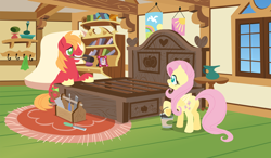 Size: 2880x1680 | Tagged: safe, anonymous artist, imported from derpibooru, big macintosh, fluttershy, earth pony, pegasus, series:fm holidays, bed, bedroom, butt, female, fluttermac, fluttershy's bedroom, fluttershy's cottage, hammer, labor day, lineless, looking at each other, male, mare, mattress, mouth hold, no pupils, paint bucket, plot, saw, screwdriver, shipping, smiling, smiling at each other, stallion, straight, toolbox, underhoof