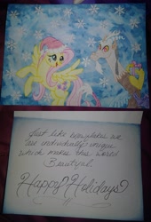 Size: 4075x5987 | Tagged: safe, artist:diamond06mlp, imported from derpibooru, discord, fluttershy, draconequus, pegasus, pony, christmas, female, hat, holiday, male, mare, rearing, santa hat, smiling, wings