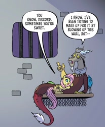 Size: 750x907 | Tagged: safe, artist:tonyfleecs, idw, imported from derpibooru, discord, fluttershy, draconequus, pegasus, pony, spoiler:comic, spoiler:comic96, collar, dialogue, duo, female, jail, lying down, magic suppression, male, mare, prison, prone, season 10, shipping fuel, speech bubble