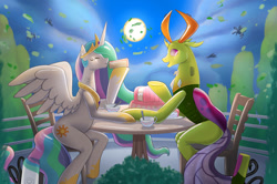 Size: 1280x851 | Tagged: safe, artist:mekh, imported from derpibooru, princess celestia, thorax, alicorn, changedling, changeling, inflatable pony, air nozzle, air pump, cake, eyes closed, food, hose, inflatable, inflatable scenery, inflatable toy, king thorax, open mouth, table, wind