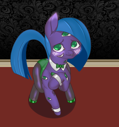 Size: 1450x1545 | Tagged: safe, alternate version, artist:zettaidullahan, imported from derpibooru, oc, oc only, oc:irisa, monster pony, original species, pony, series:monstermaresandyou, blushing, bowtie, bunny suit, clothes, collar, cuffs, female, many eyes, mare, shy, solo