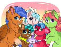 Size: 1456x1117 | Tagged: safe, artist:moccabliss, imported from derpibooru, biscuit, bloofy, cozy glow, spearhead, spur, tree hugger, earth pony, pegasus, pony, a better ending for cozy, boofy, cheek fluff, chest fluff, colored hooves, colt, family, female, filly, floppy ears, fluffy, headcanon, looking at you, male, mare, one eye closed, shipping, stallion, straight, tongue out, wink, winking at you